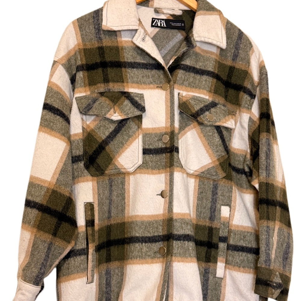 ZARA Oversized Plaid Shacket Jacket Women’s Wool Blend Neutral Tan Olive Checked